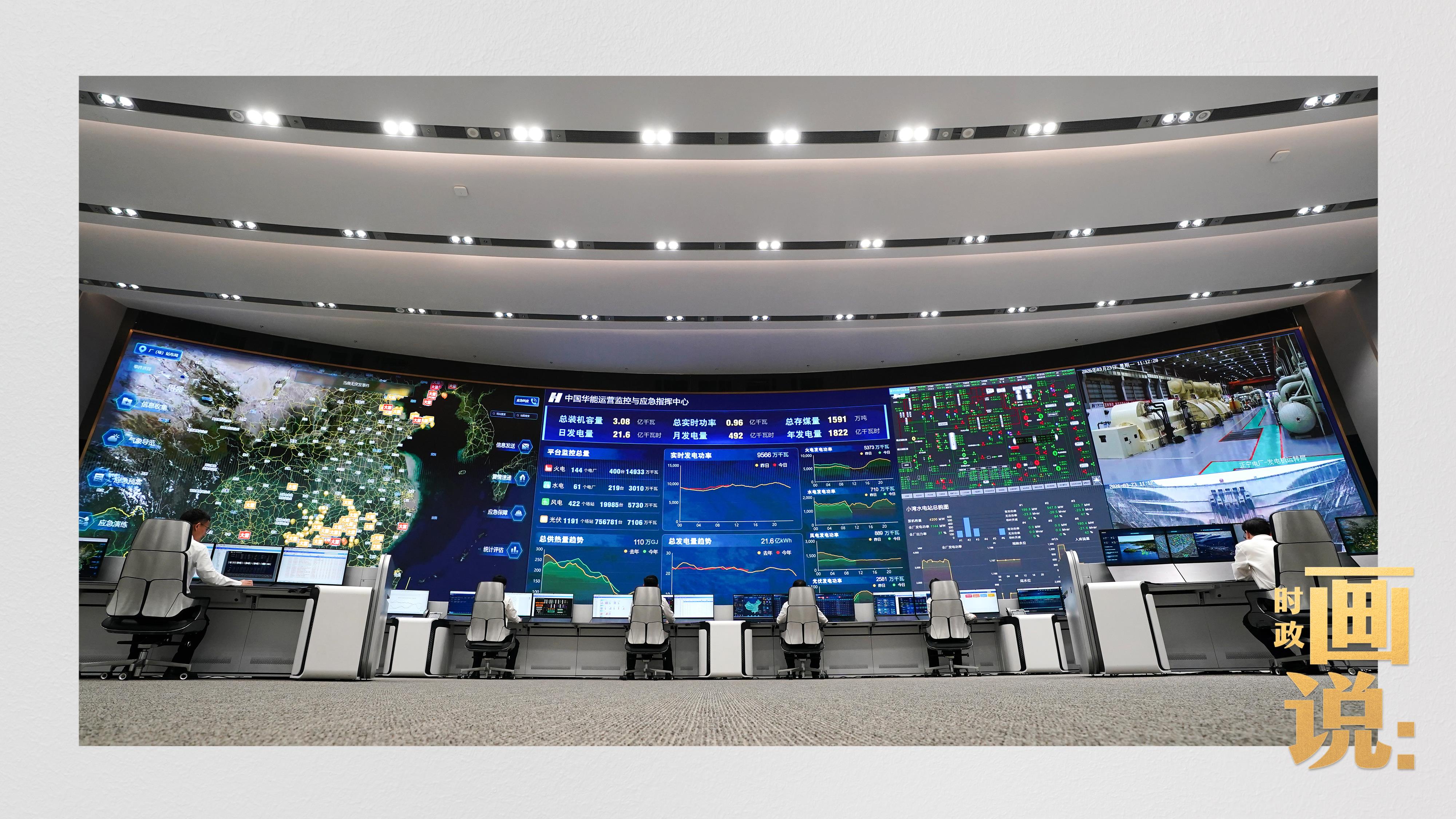 △中国华能运营监控与应急指挥中心，工作人员正在忙碌
