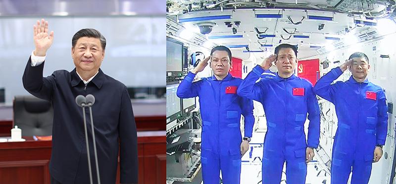 △2021年6月23日,习近平总书记来到北京航天飞行控制中心,同正在天和核心舱执行任务的神舟十二号航天员聂海胜、刘伯明、汤洪波亲切通话。