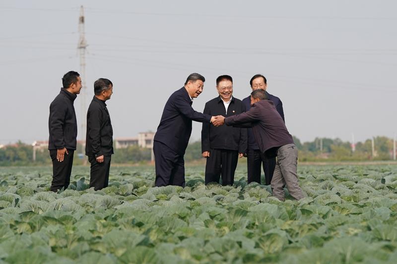 △2024年11月5日,习近平总书记在湖北咸宁嘉鱼县潘家湾镇十里蔬菜长廊考察时,同菜农亲切交流。